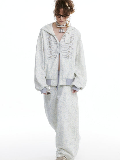 nit alcove Floral Zip Hoodie Loose Fit Long Sleeve Unisex Long Pants Top &amp; Pants Sets