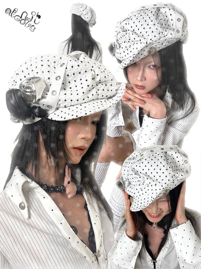 nit alcove Handmade Bow Casual Short Brim Polka Dot Beret Women White Size M 56 Cm Hats