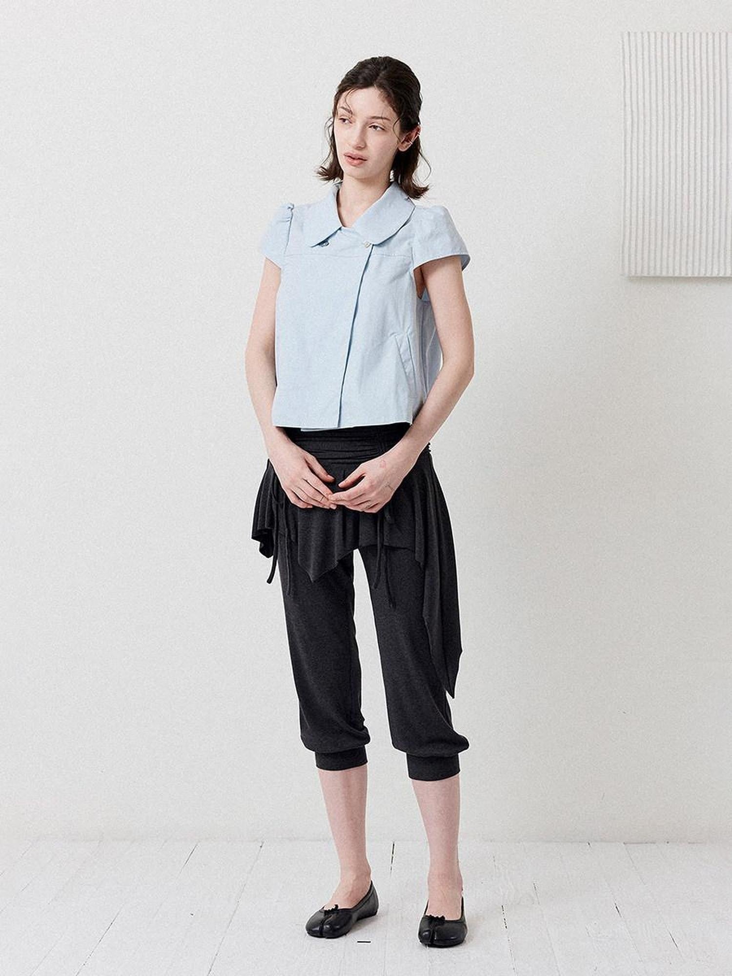 DKZ OFFICIAL Deep Blue Double Buttons Doll Collar Puff Sleeves Women&