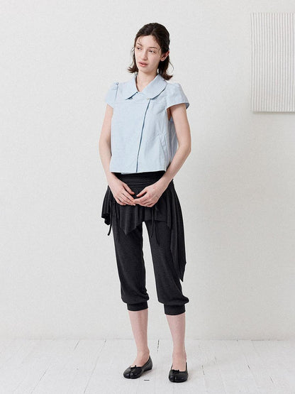 DKZ OFFICIAL Deep Blue Double Buttons Doll Collar Puff Sleeves Women&