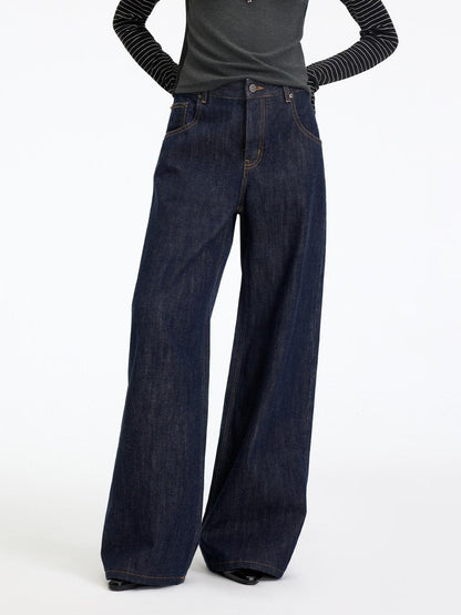 RUN TO THE FUTURE Casual Natural Waist Wide Leg Cotton Zipper Women Indigo Straight Jeans