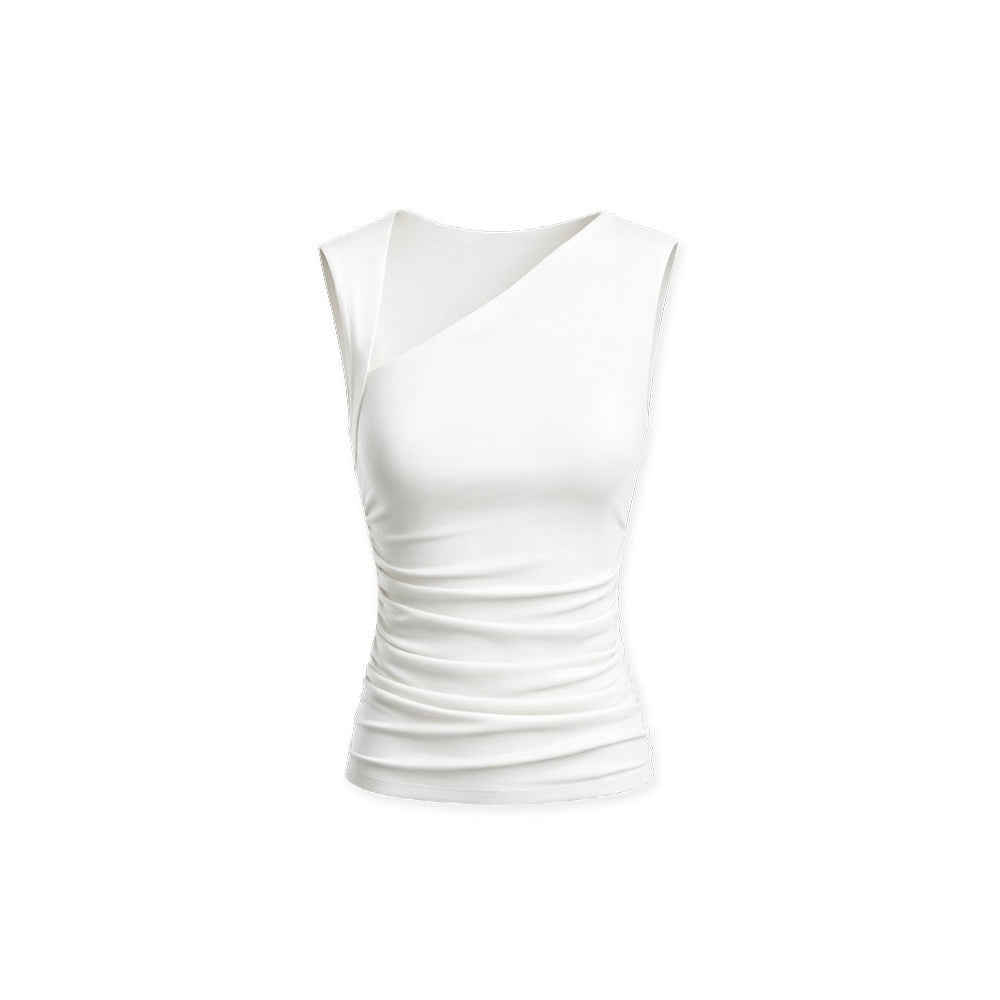 kvkv_White_Asymmetric_Square_Neck_Ruched_Slim_Women&