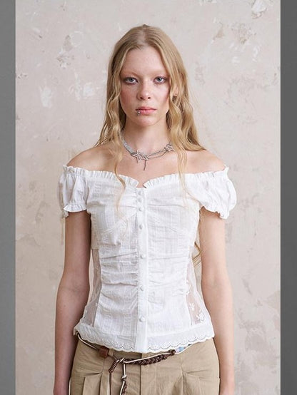 DIDDI MODA White Lace Top Petal Hem Skirt Women&