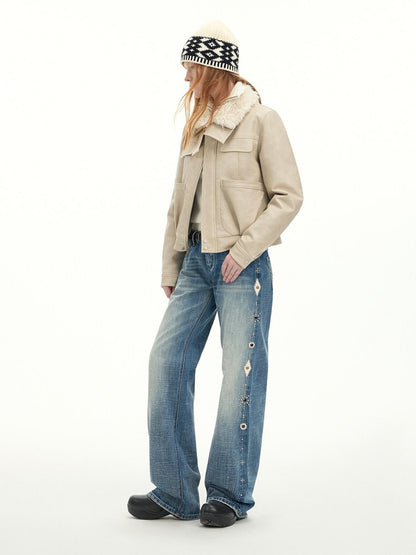 RUN TO THE FUTURE Washed Embroidered Low Rise Straight Cotton Button Fly Women Blue Wide-Leg Jeans
