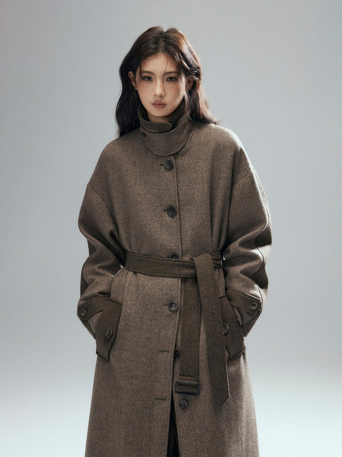 Low pixel Wool Blend Thick Colorblock Oversized Stand Collar Single Breasted Wool Coats