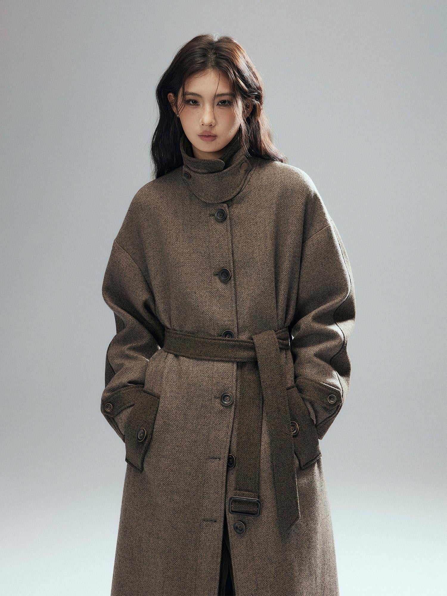 Low pixel Wool Blend Thick Colorblock Oversized Stand Collar Single Breasted Wool Coats