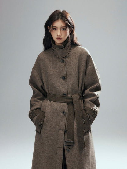 Low pixel Wool Blend Thick Colorblock Oversized Stand Collar Single Breasted Wool Coats