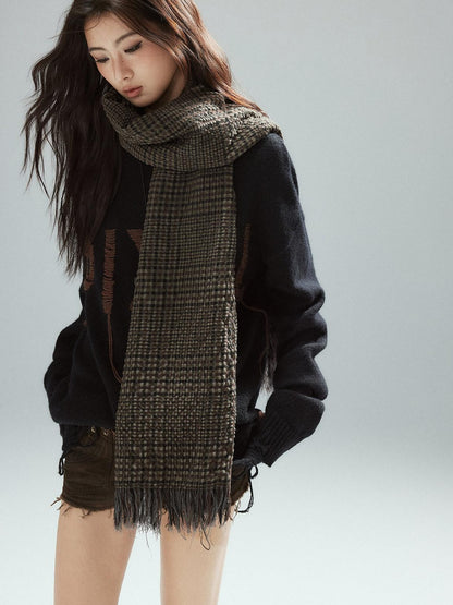 Low pixel Warm Oversized Street Style Distressed Hem Women Black Knit Pullover Sweaters