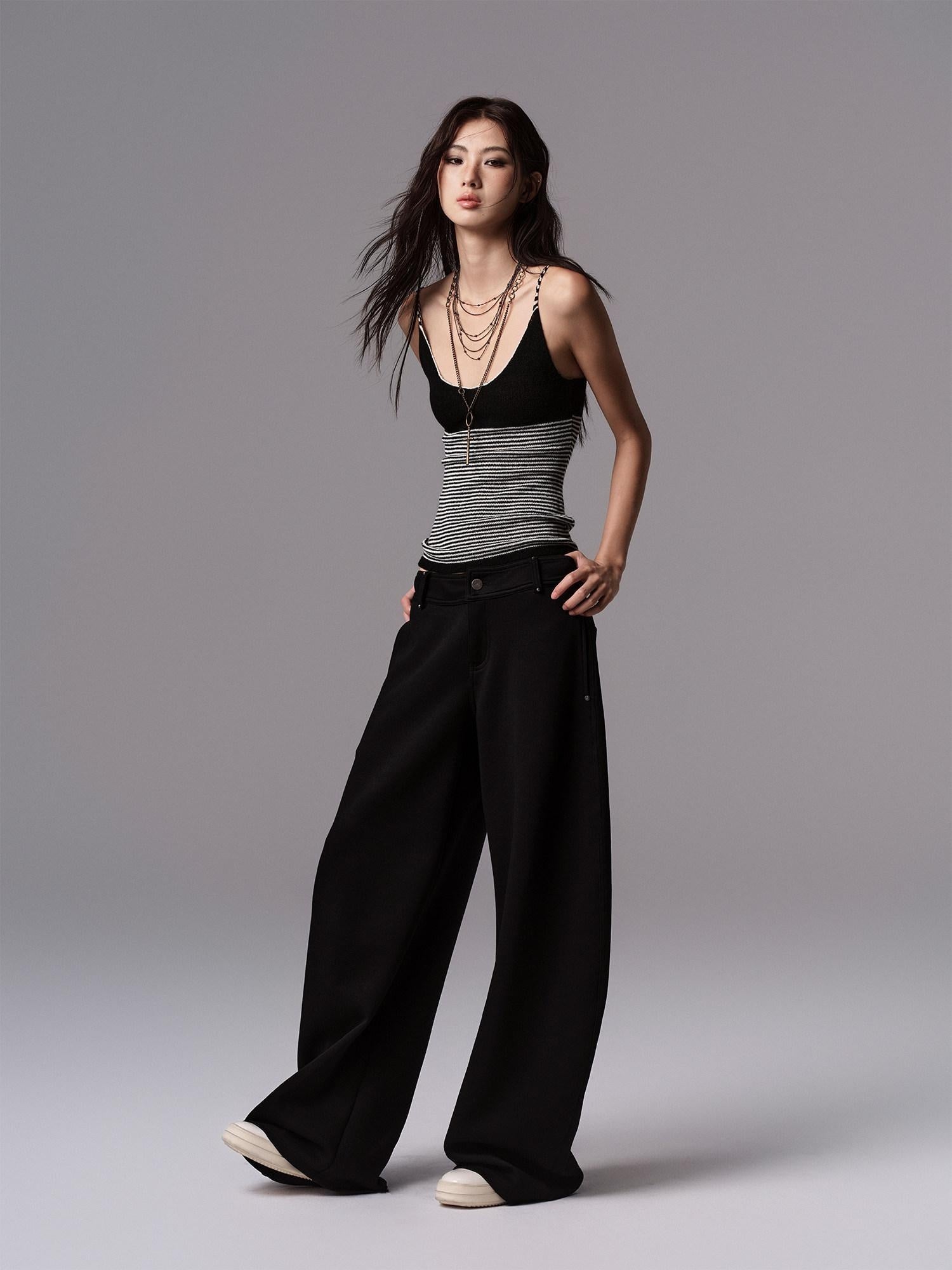Low pixel Low Waist Dark Minimal Curved Button Fly Black Women Rayon Wide Leg Pants