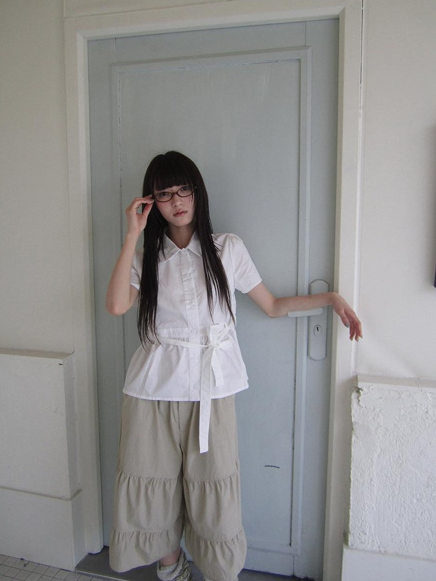 ang project Korean Turn Down Collar Single Button Tie Waist Women&