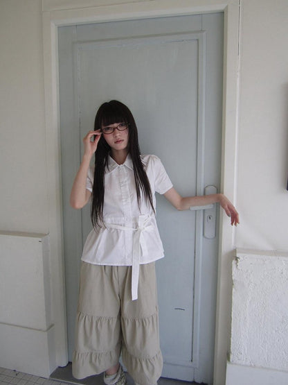 ang project Korean Turn Down Collar Single Button Tie Waist Women&