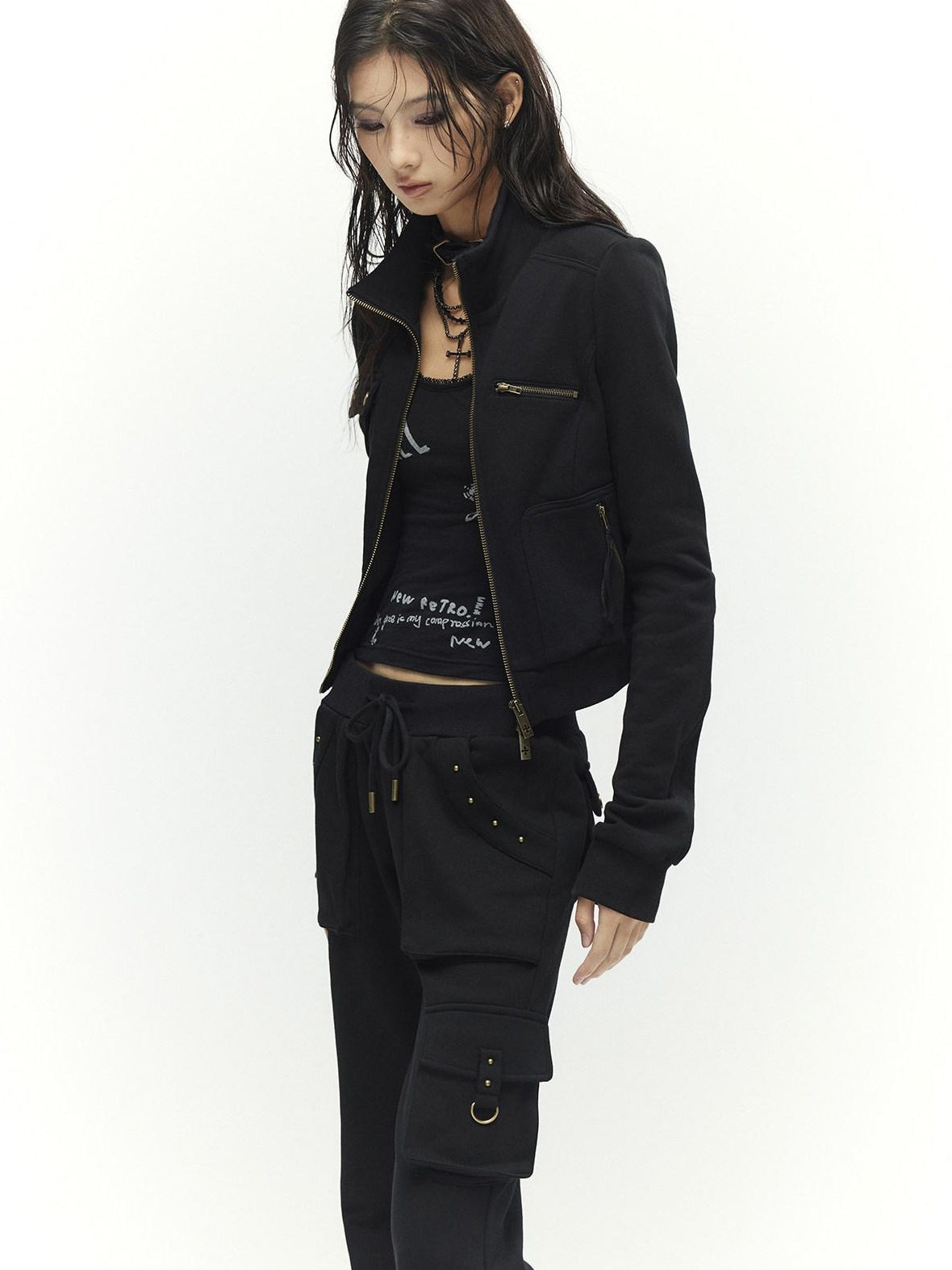 Low pixel Studded Slim Fit Zip Front Stand Collar Thick Cotton Black Top &amp; Pants Sets