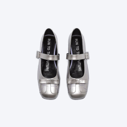 RUN TO THE FUTURE Sheepskin Insole Vintage Square Toe One Strap Low Heel Rubber Sole Women Flats