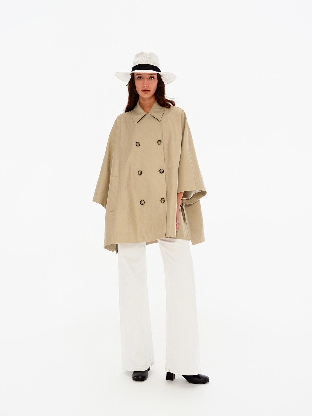 Northbutsouth Light Sheen Crinkle Double Breasted Batwing Women&