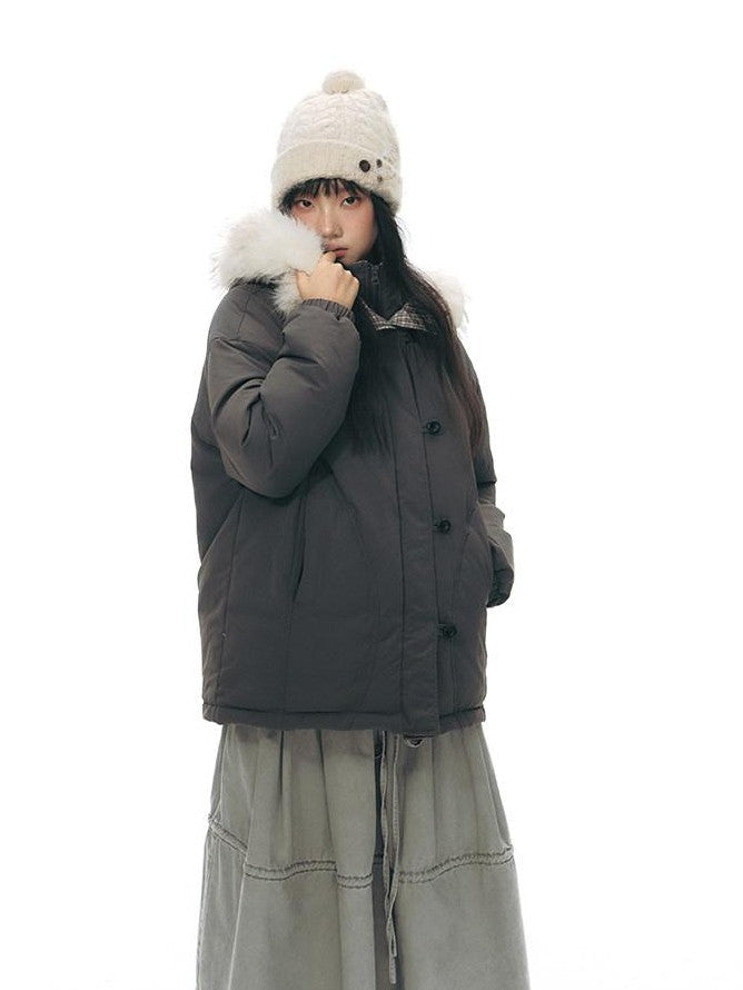 NAPSNAPS White Fur Hooded Double Collar Faux Two Piece Women&