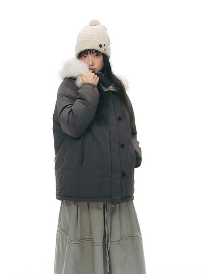 NAPSNAPS White Fur Hooded Double Collar Faux Two Piece Women&