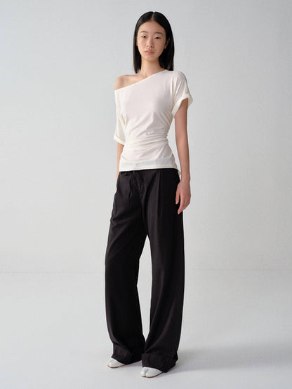 RUN TO THE FUTURE Low Waist Zip Fly Minimalist Relaxed Wide Leg Black Red Stripe Straight Pants