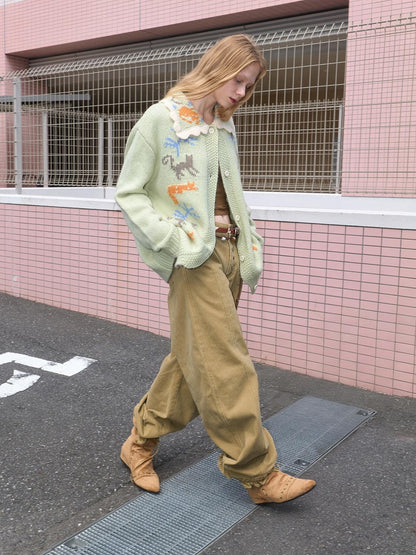 OuttheBlue Warm Acrylic Wool Commuter Loose Jacquard Mint Green Cardigans