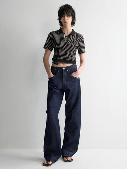 RUN TO THE FUTURE Breathable Cotton Slim Fit Asymmetric Henley Striped Low Waist Women Crop Tops