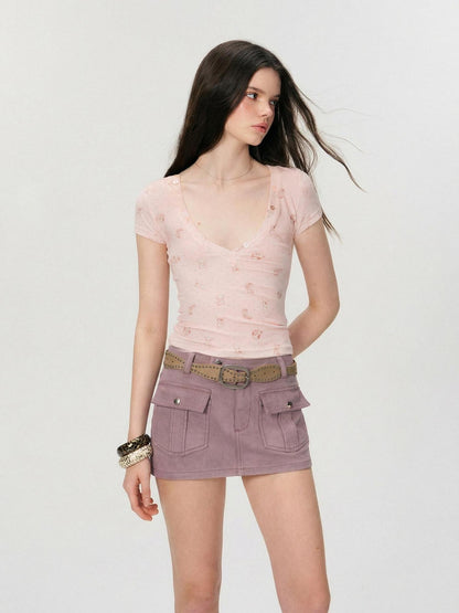 The NeverMore Soft Lyocell Printed V-neck Slim Fit Pink Women Cropped Basic Crop Tops