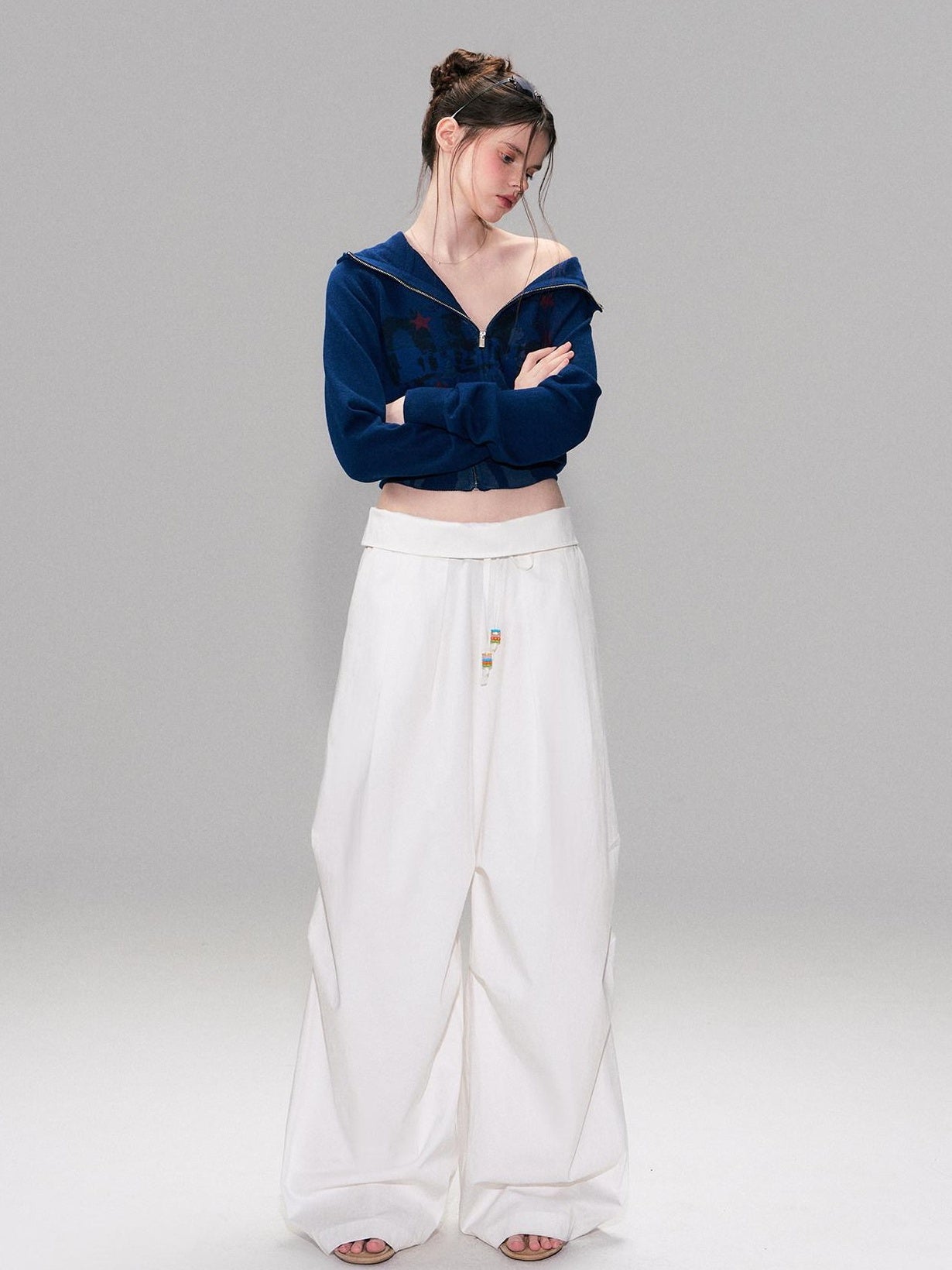 The NeverMore Cotton Blend Vintage Curved Cut Natural Waist Women White Wide Leg Pants