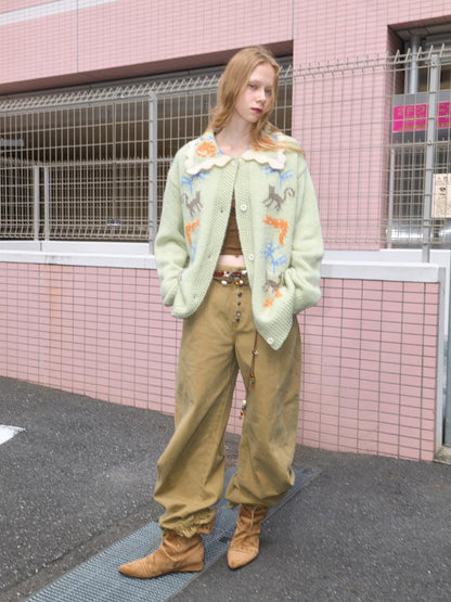 OuttheBlue Warm Acrylic Wool Commuter Loose Jacquard Mint Green Cardigans