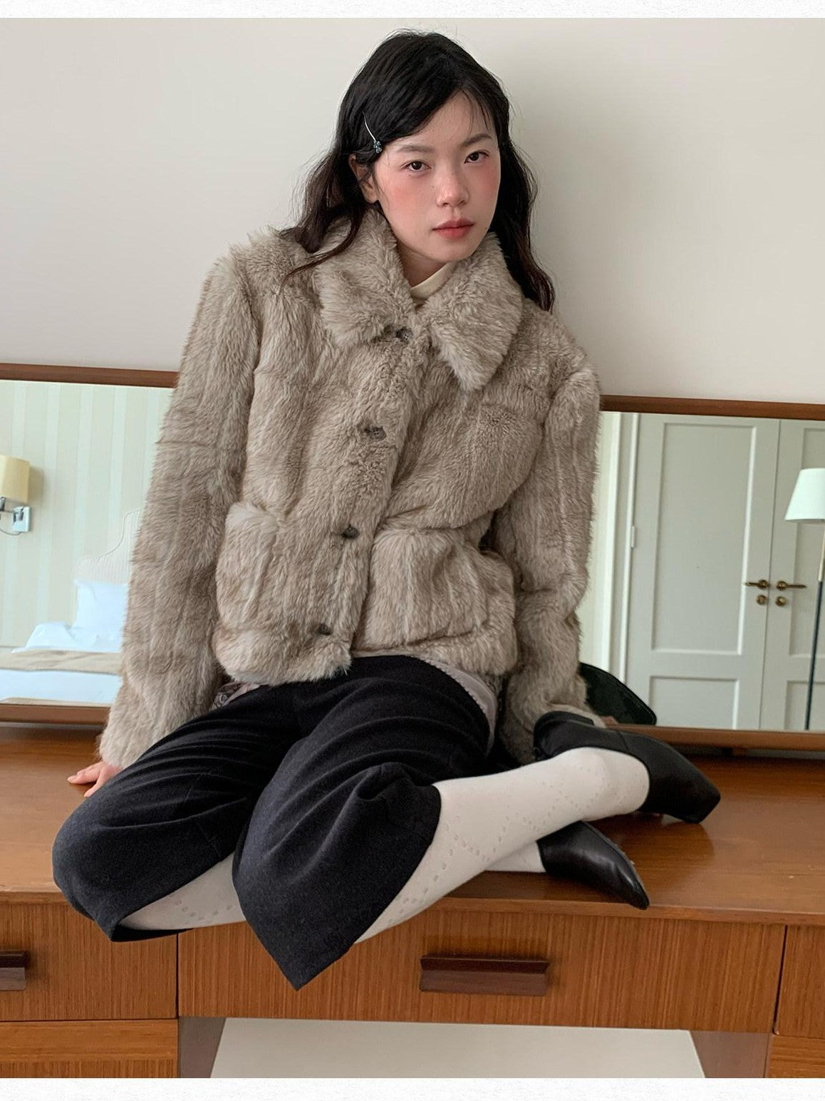 Dorydory Striped Turn Down Collar Eco Fur Textured Women&
