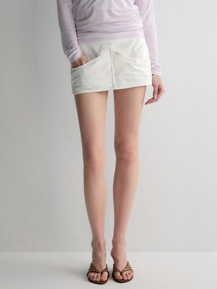 RUN TO THE FUTURE Washed Cotton Denim Pocket Minimalist A Line Low Waist Mini Skirts