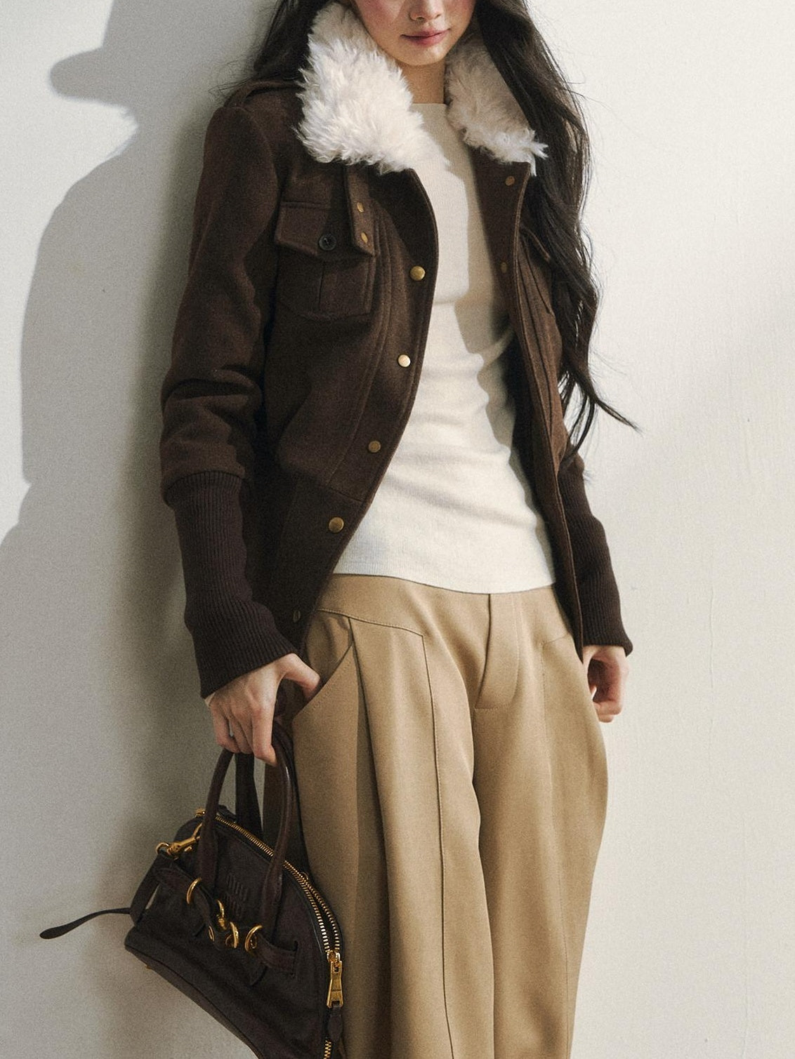 7Shiftin Slimming Casual Loose Fit Womens Brown Button Front Cropped Jackets