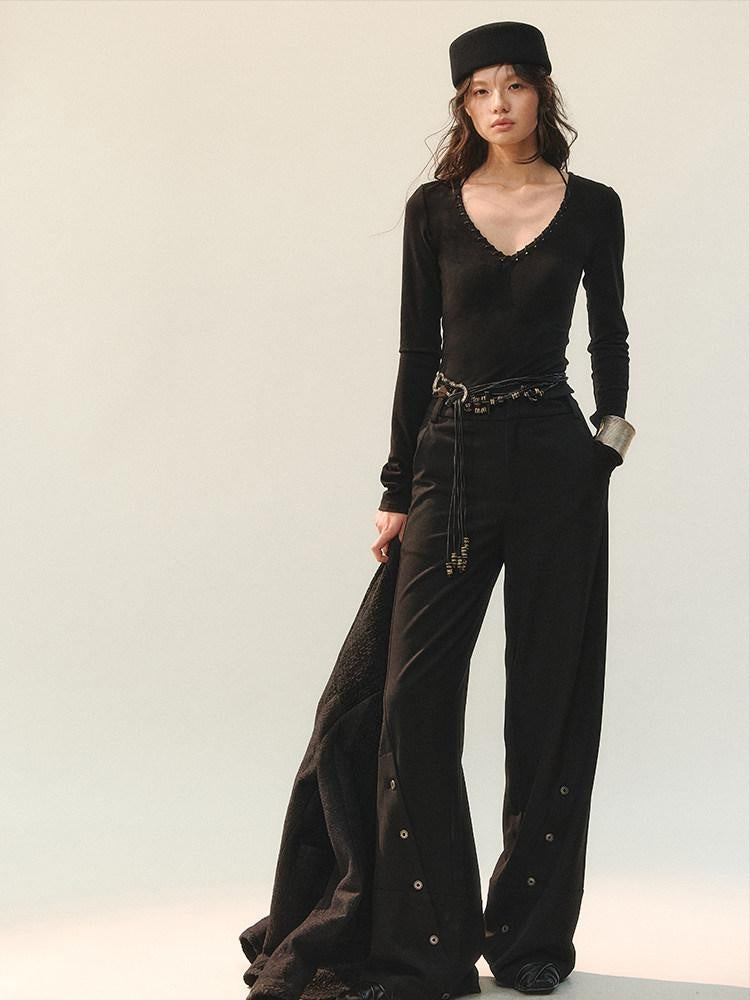 AnnoMundi Viscose Blend Slim V-neck Casual Black For Women Long Sleeve T-Shirts