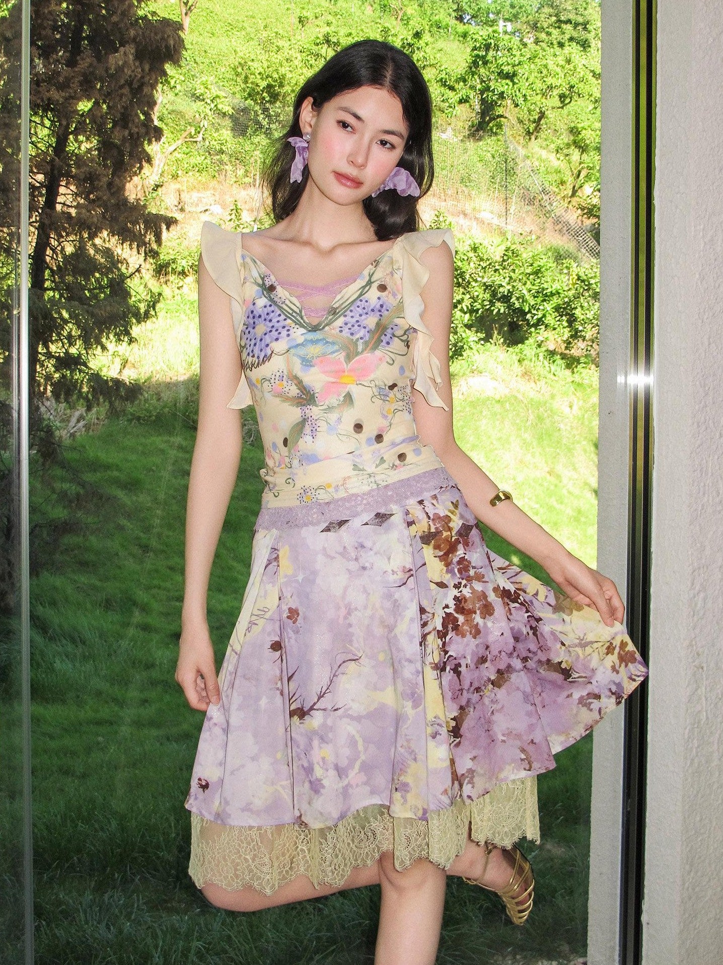 OfAkiva Handpainted Floral Ruffle Cross Tie Women&