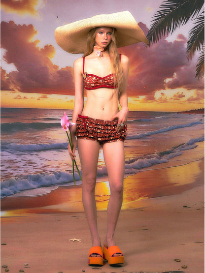 The NeverMore Red Ruffled Layered Skirt Shorts Casual Polyester Two Piece Women Bikini