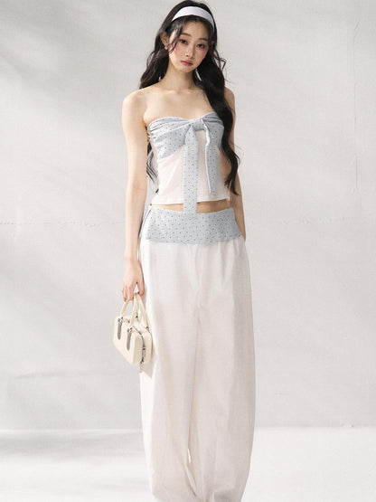 7Shiftin Polka Dot Bow Cropped Three Piece High Waist Sleeveless Women Top &amp; Pants Sets