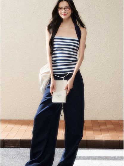 7Shiftin Versatile Minimal Straight Cut Natural Elastic Waist Women Navy Wide Leg Pants