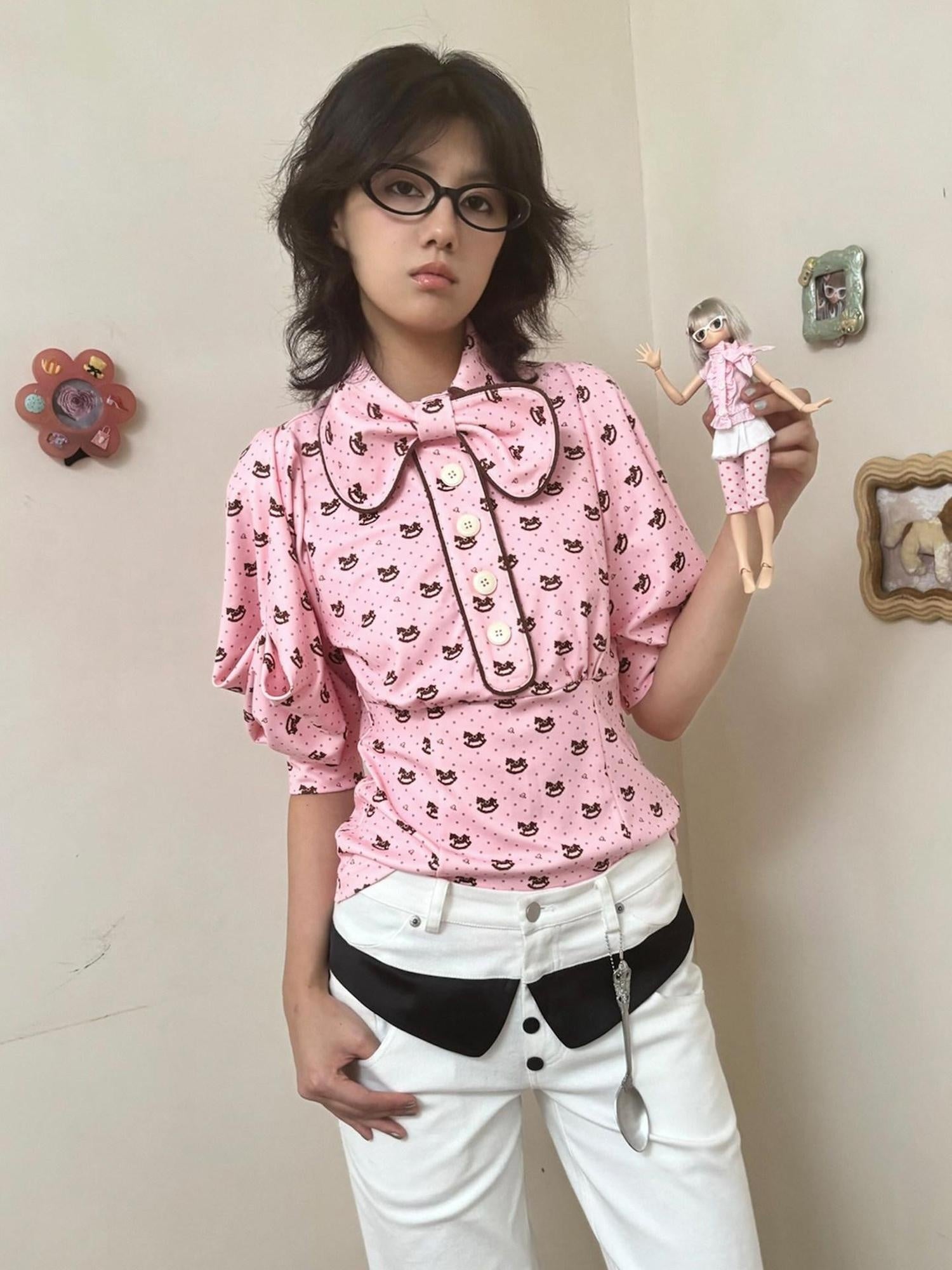 nit alcove Slimming Cute Loose Folded Princess Short Sleeve Unisex Shape Retaining Blouses