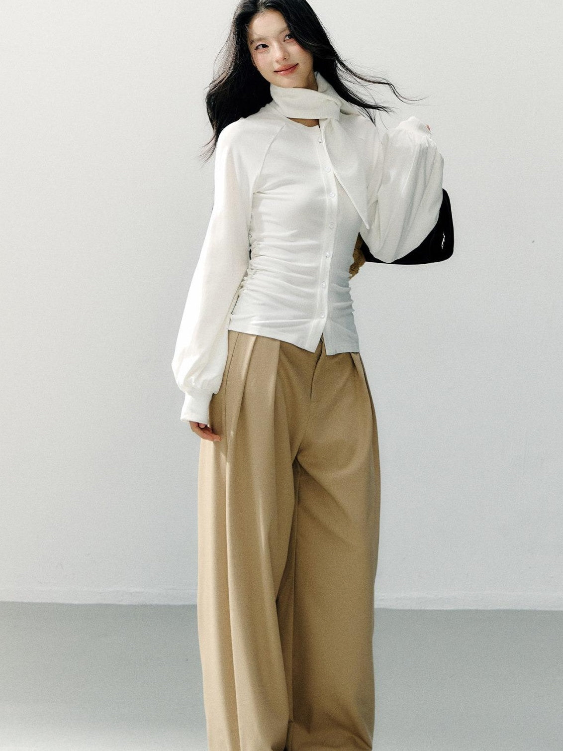 7Shiftin Cotton Bow Tie Fitted Waist Casual Cropped Long Sleeve Women White Blouses
