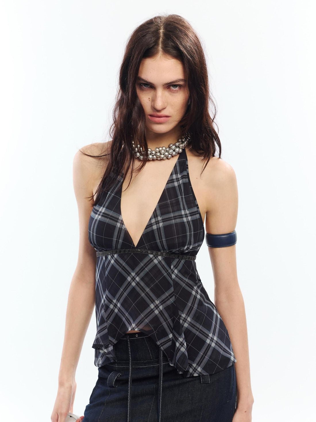 2th Desire Printed Plaid Halter V-neck Slim Fit Polyester Women Chic Tank Tops