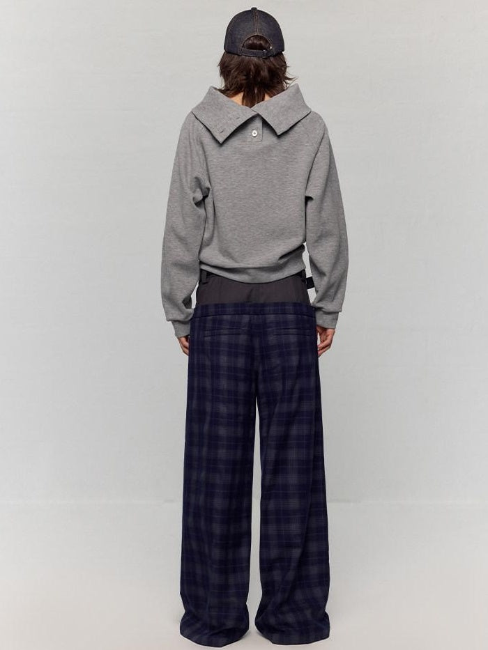 RUN TO THE FUTURE Asymmetric Slanted Neck Loose Fit Retro Office Pullover Heather Gray Sweatshirts