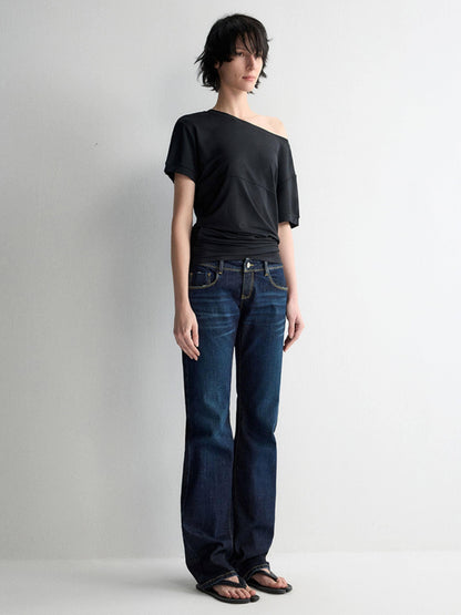 RUN TO THE FUTURE Durable Low Rise Slim Fit Casual Dark Denim Zipper Fly No Stretch Straight Jeans