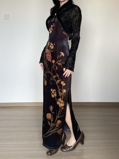 Wet Tail Breathable Floral Cheongsam Vintage Long Sleeve Everyday Casual Maxi Dresses