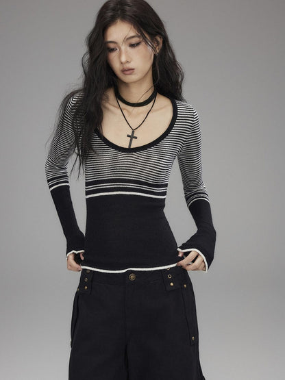 Low pixel Soft Acrylic Slim V-neck Striped Casual Women Everyday Long Sleeve T-Shirts