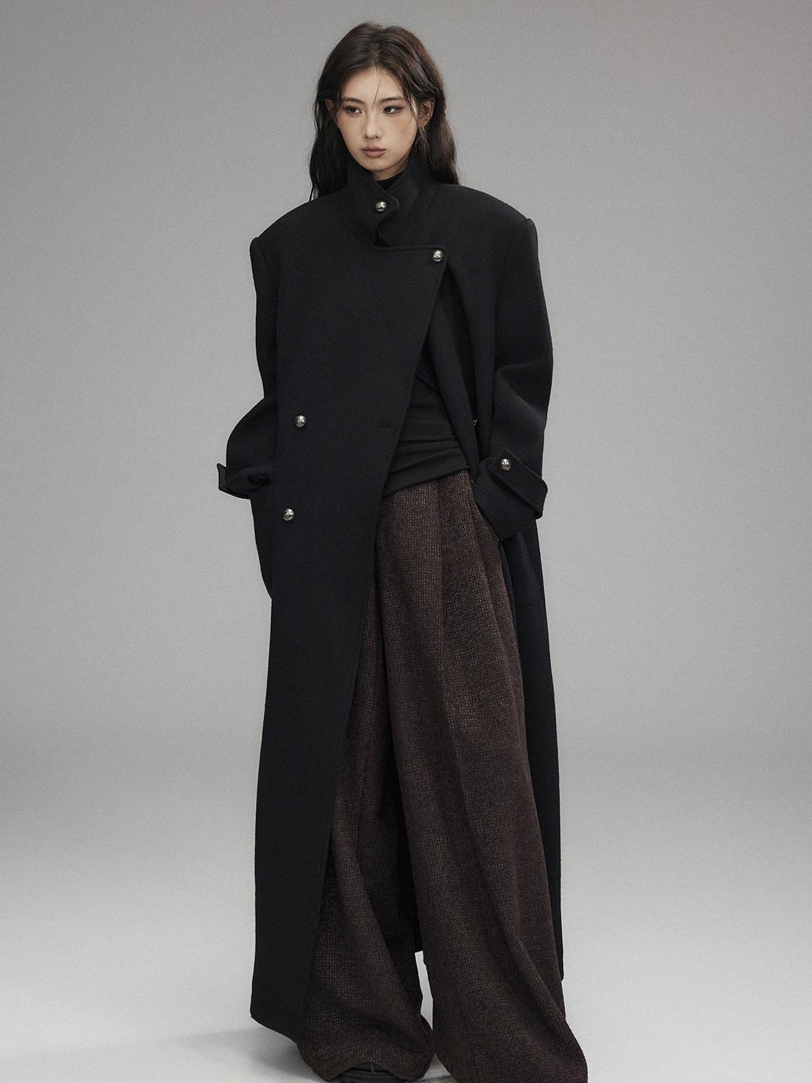 Low pixel Warm Wool Blend Street Oversized Double Breasted Notch Collar Black Wool Coats