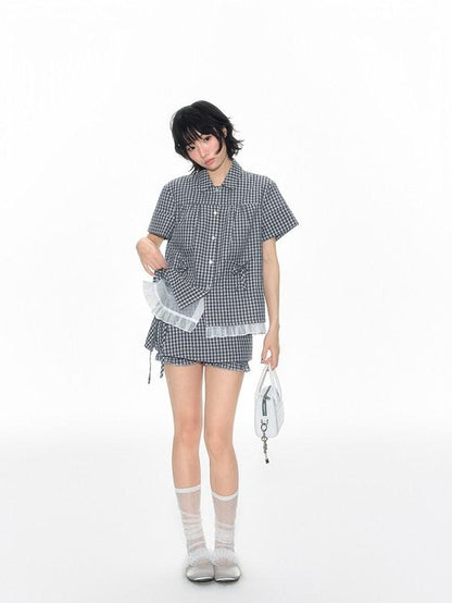 NAPSNAPS Check Patchwork Two Piece Illusion Spliced Gauze Women&