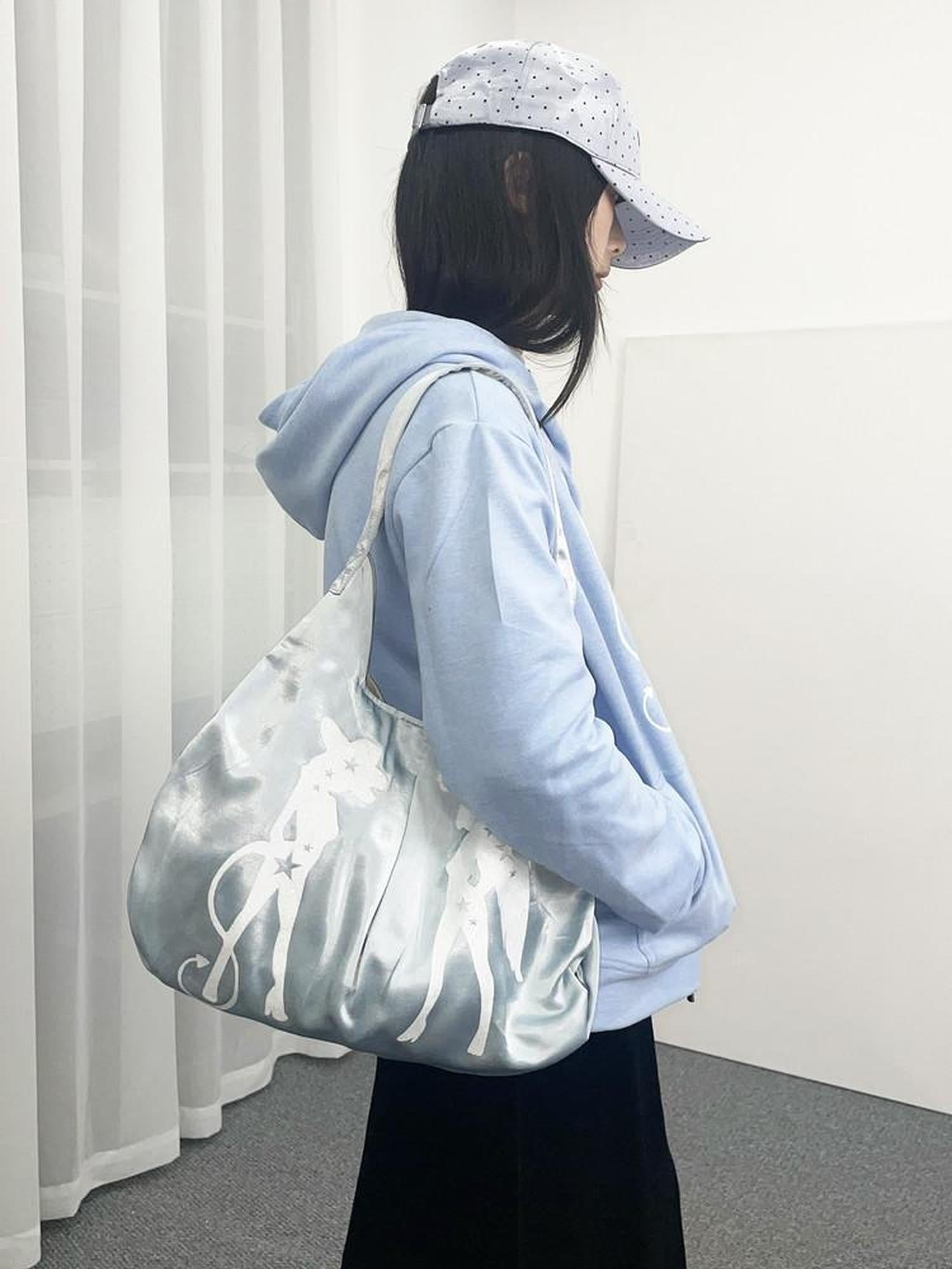 takeabreak Light Blue Silky Satin Tote Print Women&