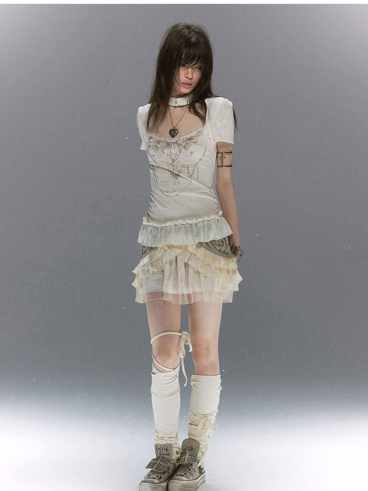 Cest Nous Butterfly Print Textured Lace Ruffle Women&
