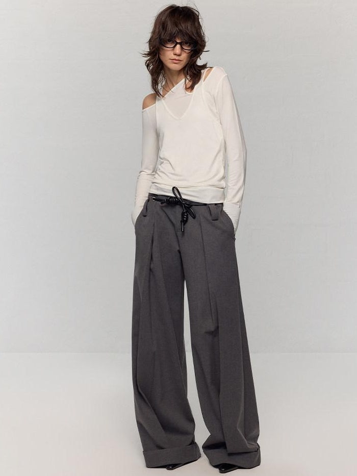 RUN TO THE FUTURE Minimalist Original Tie Detail Low Rise Zipper Women Rock Gray Wide-Leg Pants