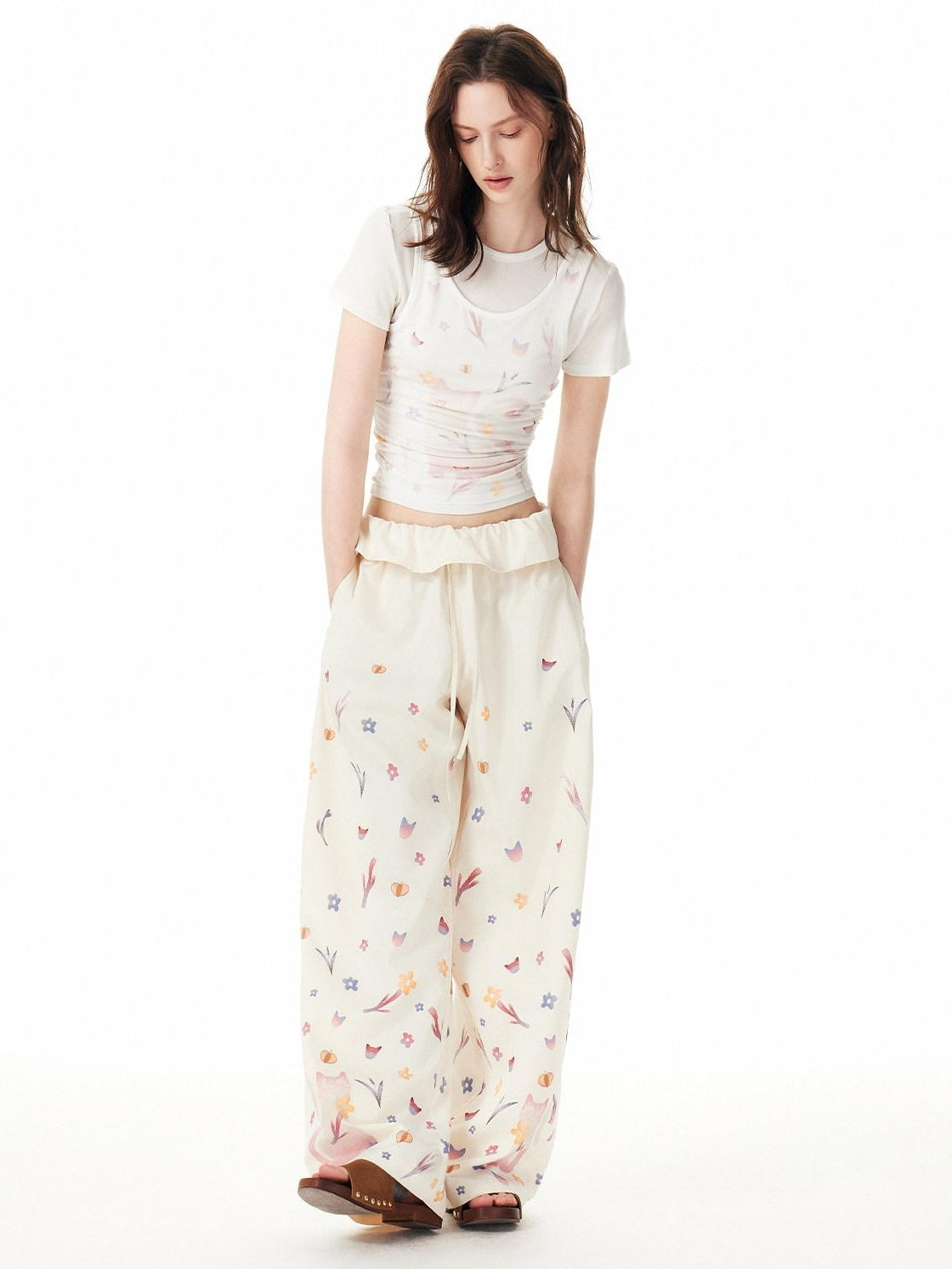 OuttheBlue Cute Cat Floral Print Sweet Natural Waist Long Polyester Women Straight Pants