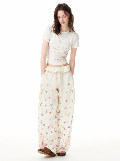 OuttheBlue Cute Cat Floral Print Sweet Natural Waist Long Polyester Women Straight Pants