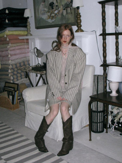 Dorydory Gray White Striped Double Breasted Structured Women&