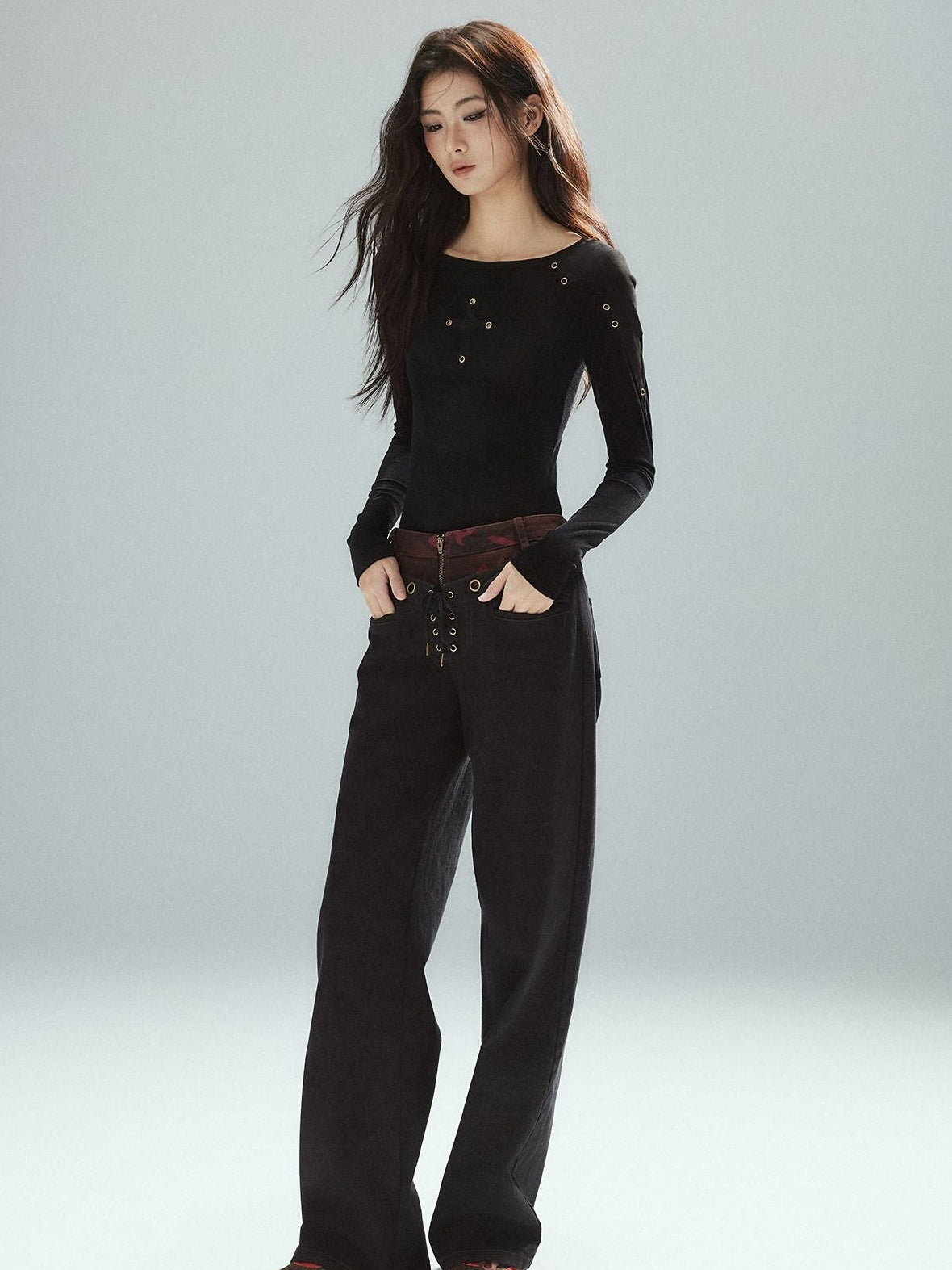 Low pixel Slim Fit Patchwork Casual Crewneck Black Stretch Young Women Long Sleeve T-Shirts